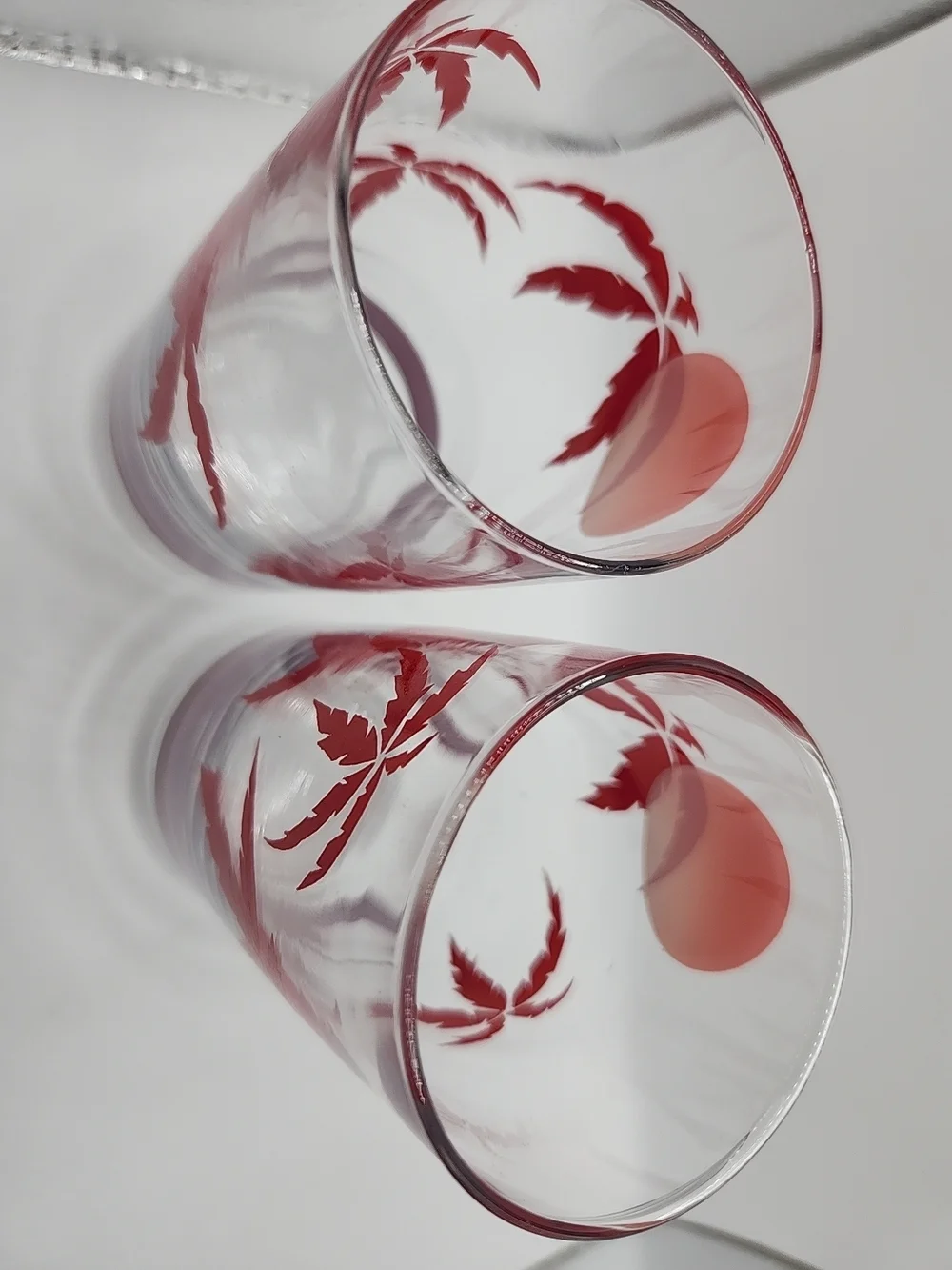 Clear Glass Tumbler Set with Red Palm Sunset Design‎ vintage